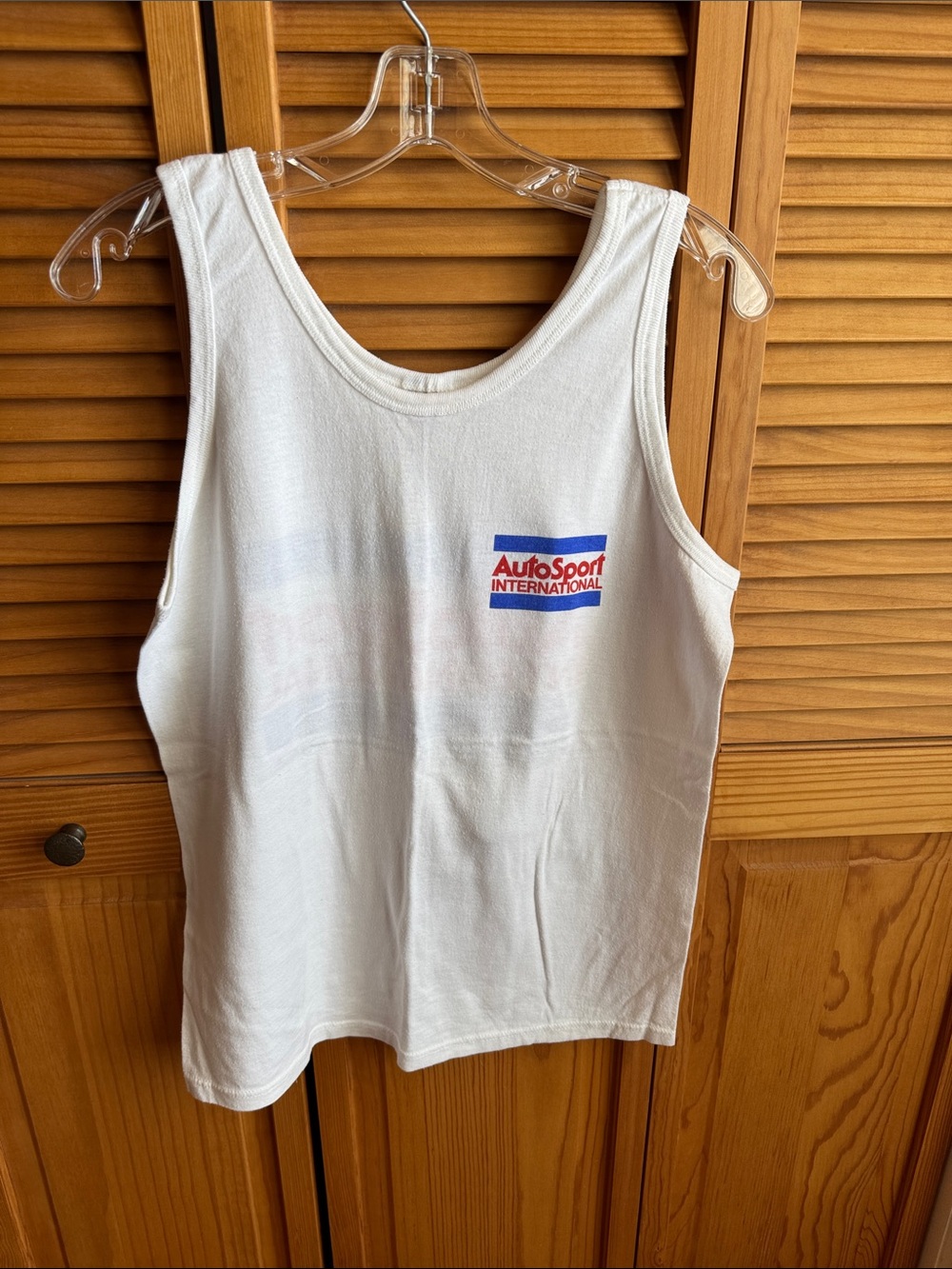 Jerzees White Muscle Tee with Blue and Red AutoSport Logo on front and back